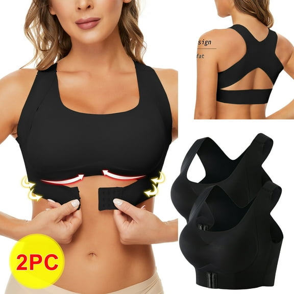 Qetyuw Women's Bras Front Closure Wireless Support T-shirt Bras Cotton Comfort Bralettes Stretch Everyday Full Figure Bras 2 Packs Criss Cross Back