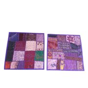 Mogul Handmade Cushion Cover Patchwork Purple Embroidered Cotton Square Pillow Case 16" x 16"
