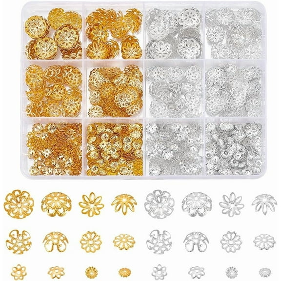 1 Set About 1260Pcs 2 Colors Flower Bead End Caps Flower Filigree Bead Caps Gold Spacer Beads Caps Ends Iron Bead Caps Loose Spacer Beads Bulk Earrings for Bracelet Jewelry Making