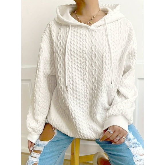 Whichone Sweatshirts for Women Long Sleeve Drawstring Jacquard Hooded Pullover Tops White