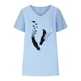 thumbnail image 4 of Summer Cotton Linen Tops for Women Feather Graphic V Neck Short Sleeve T Shirts Dressy Casual Loose Fit Blouses (XL, Blue), 4 of 6