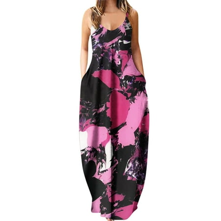 

YanHoo Women s Sleeveless Maxi Dresses Casual Printed Bohemian Spaghetti Strap Summer Beach Loose Long Dress with Pockets