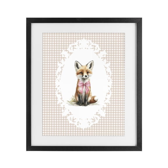 Stupell Industries Shabby Chic Vintage Bow Fox on Gingham Black Framed Print Under Glass, 13 x 16, by Christine Simpson Art