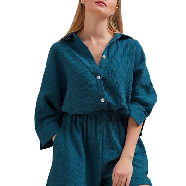TRKIYQC Traje de dormir de 2 piezas para mujer, camisa de cuello vuelto de un solo pecho de manga 3/4 de color sólido + pantalones cortos de cintura elástica TRKIYQC moda