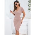 thumbnail image 3 of Owin Women's Summer Sexy V Neck Ruffle Sleeve Faux Wrap Ruched Sheath Bodycon Cocktail Party Work Dress, 3 of 4