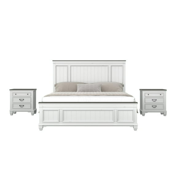 Roundhill Furniture Clelane 3-Piece Wood Bedroom Set, King Bed and 2 Nightstands, Weathered White