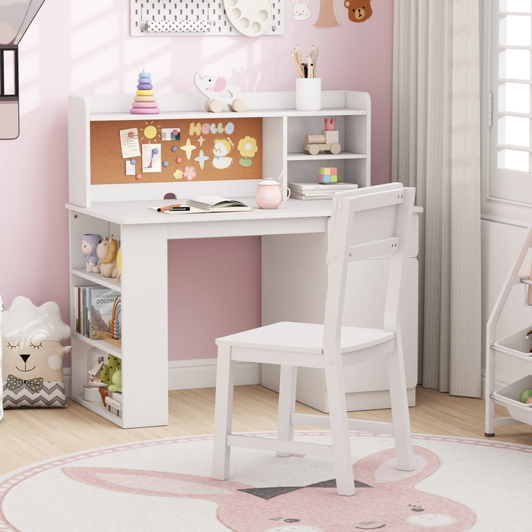 Gymax Kids Desk & Chair Set w/Chair Hutch 3-Layer Side Shelf