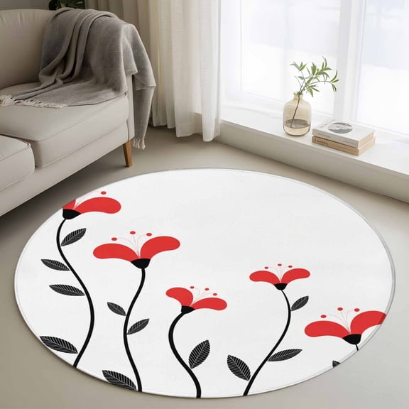 Round Area Rug 3 Ft, Red Flowers Washable Non-Slip Circle Carpet for Living Room/Bedroom, Modern Minimalism Spring Botanical Floral Low-Profile Small Floor Mats Collection Rugs for Indoor