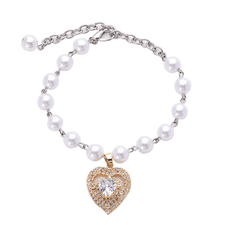 Crystal Heart Pet Cat Dog Necklace Jewelry With Bling Pearls Rhinestones Charm For Pets Cats Small Dogs - Gold