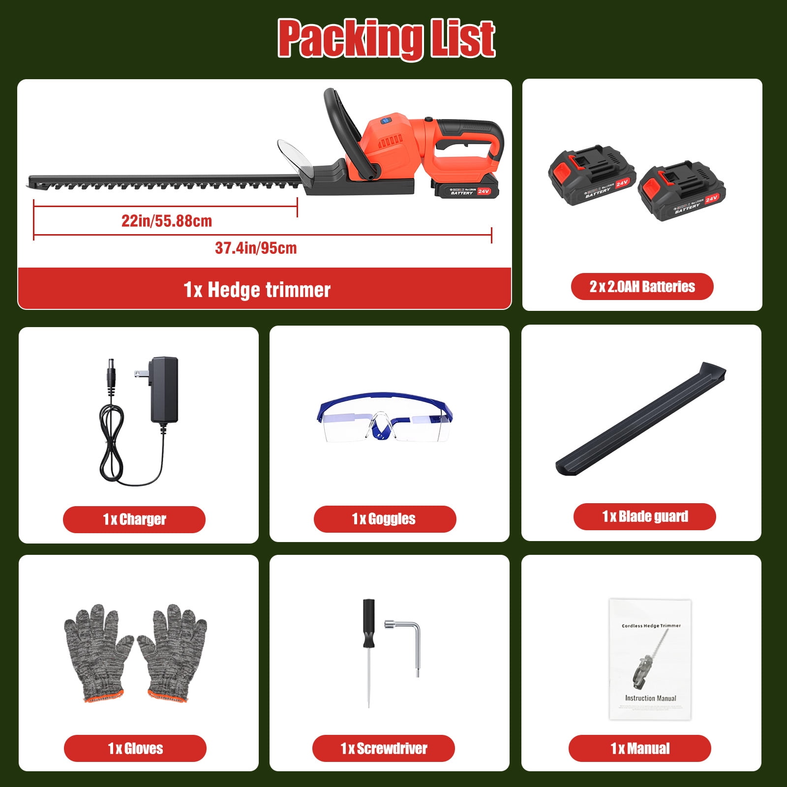 22" Cordless Hedge Trimmer with 180° Rotatable Head, 21V Electric Bush Trimmer with 2 x 2000mAh Batteries, 1000W 24000r/min Motor, 65Mn Steel Blade for Garden Yard, Red