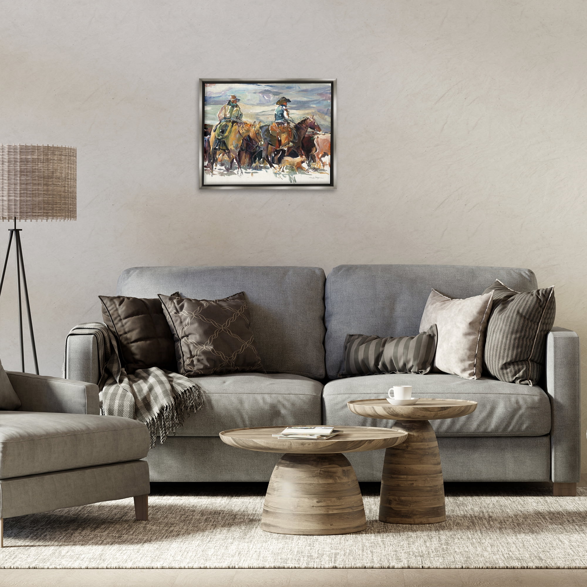 Stupell Industries The Roundup Western Painting Animals Painting Gray Floater Framed Canvas Art Print Wall Art, 21 x 17