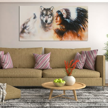 31.5 x 15.7 Inches Indian Man Wolf Oil Painting Picture Canvas Prints Modern Abstract Shop Office Home Living Room Bedroom Wall Art Sticker Decor Without