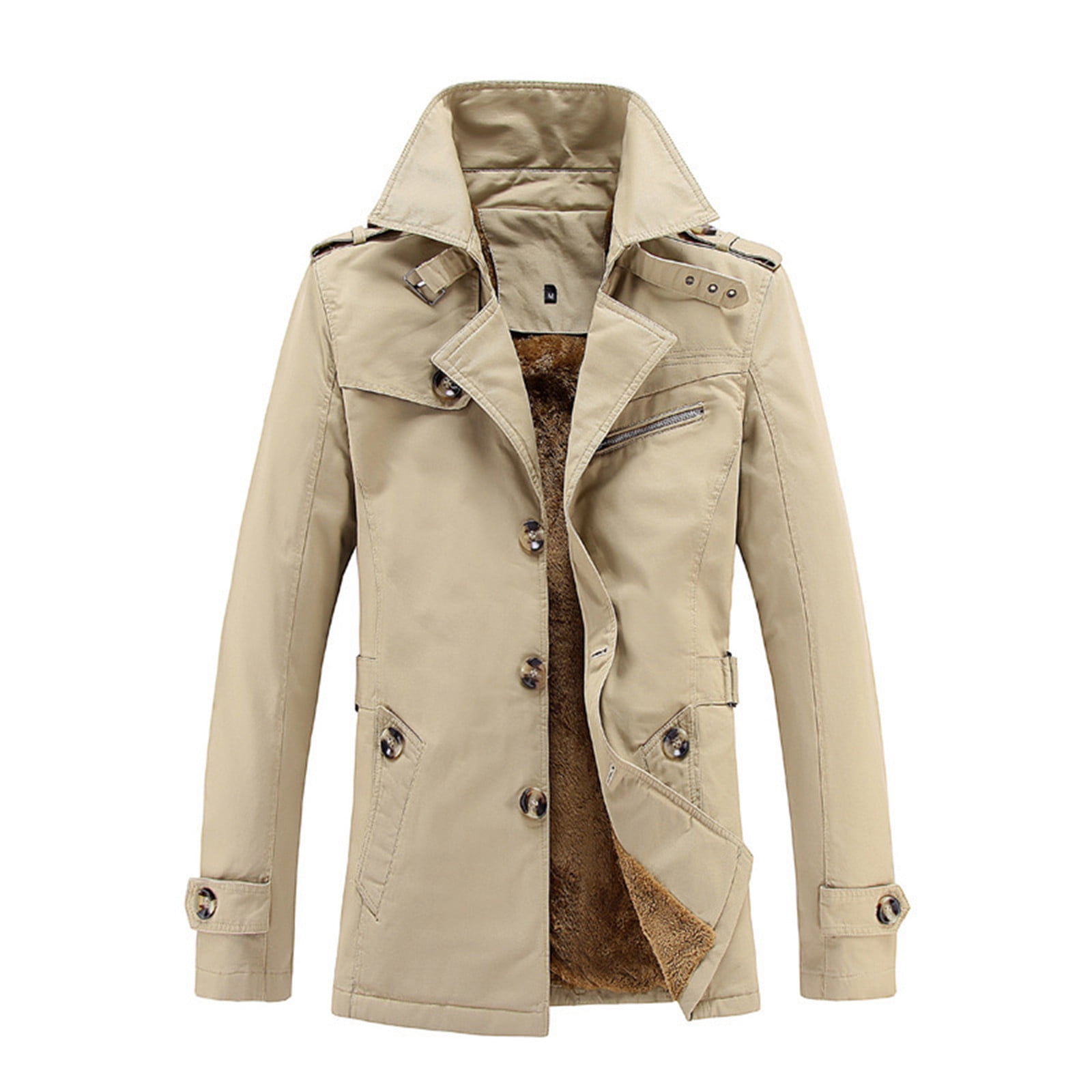 nsendm Mens Coat Men Fall Jacket Men s Autumn and Winter Coats Solid Color Turndown Collar Button Jacket Long Fleece Jackets for Adult Male Coat Khaki