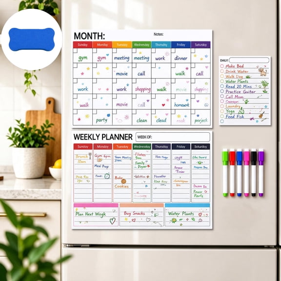 Magnetic Fridge Calendar, Dry Erase Monthly Weekly Planner Set, Reusable Fridge Whiteboard Planner, Magnetic Planner for Fridge, Includes Monthly, Weekly & Daily Boards, 6 Markers & Eraser