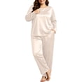 thumbnail image 5 of vdgthytj Plus Size Loungewear Sets for Women Satin Long Sleeve Crewneck Tops Straight Leg Pants Fall Sleepwear 2 Piece Outfits(X-Large,White), 5 of 9