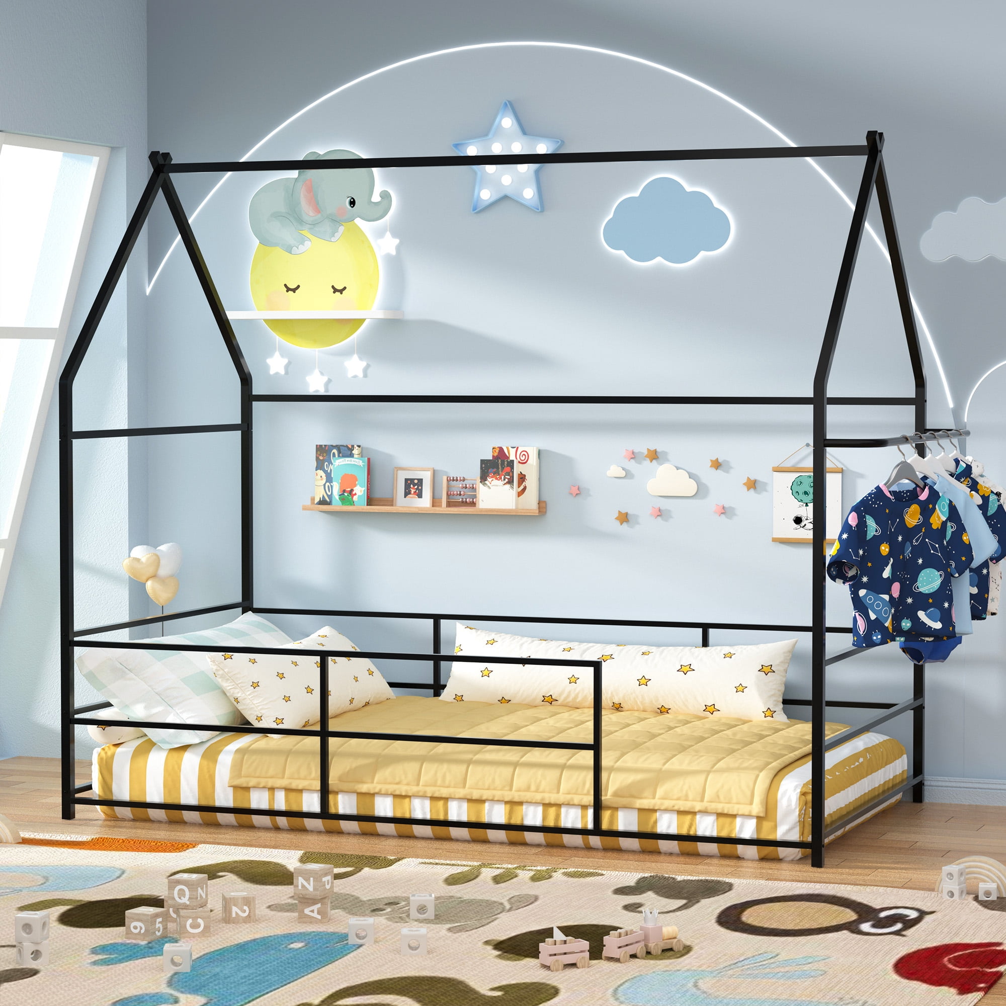 Joywind Metal Twin Floor House Bed with Headboard, Footboard & Guardrails - Montessori Style Bed Frame with Hanging Bar for Boys, Girls,Black