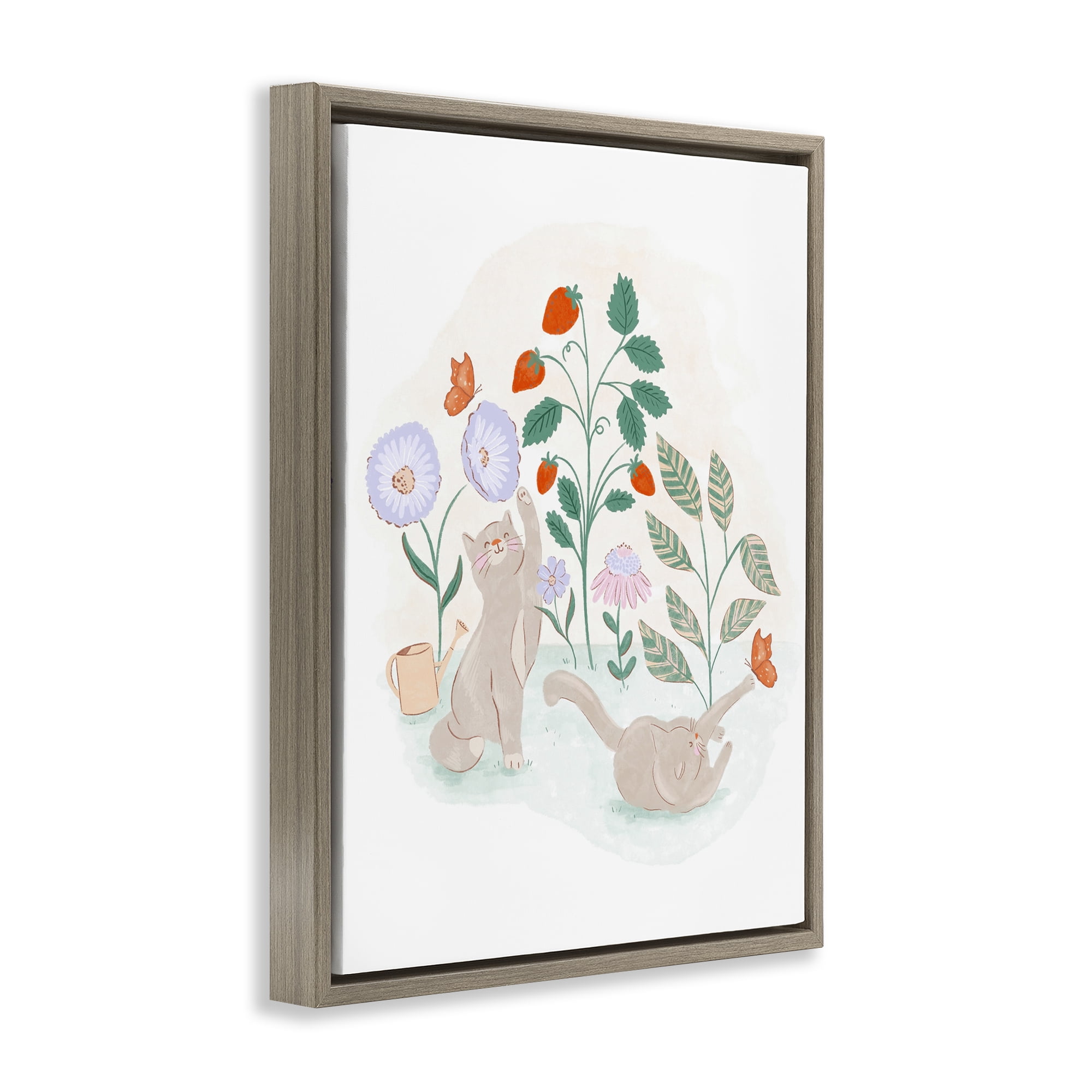 Stupell Industries Cats Playing in Garden Animals & Insects Painting Brown Floater Framed Canvas Art Print Wall Art, 17 x 21