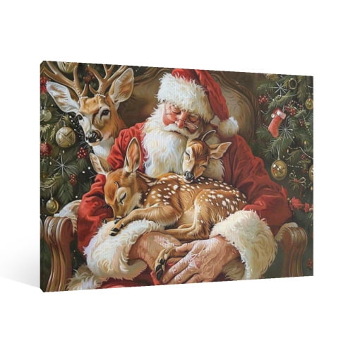Vintage Christmas Santa Claus and Elk Wall Art Paint Framed - Xmas Festive Winter Holiday Christmas Wall Decor Canvas Print for Living Room Kitchen Bathroom Home Bedroom Decor