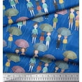 thumbnail image 1 of Soimoi Blue Poly Georgette Fabric Monsoon Theme Human Figure Print Sewing Fabric Yard 52 Inch Wide, 1 of 1