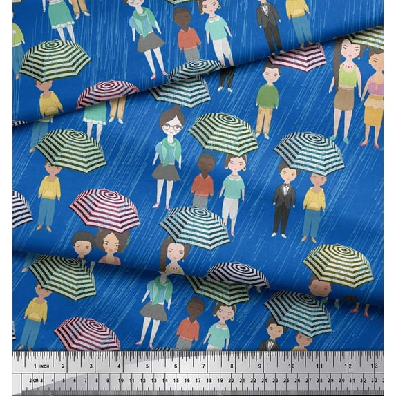 Soimoi Blue Satin Silk Fabric Monsoon Theme Human Figure Print Fabric by the Yard 42 Inch Wide