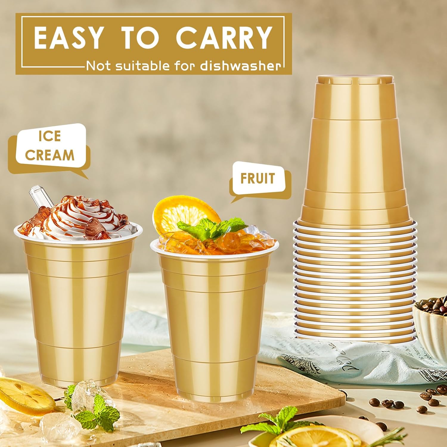 100 Pack 16 oz Gold Plastic Cups, Disposable Plastic Party Cups, Heavy Duty Drinking Water Cup for Wedding Birthday Graduation Valentine's Day Christmas Baby Shower Picnic Barbecues Supplies