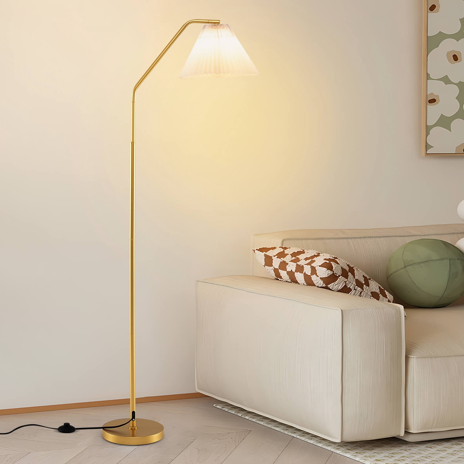 Costway 66” Arc Floor Lamp with Adjustable Lamp Head, Pleated Lampshade & Foot Switch