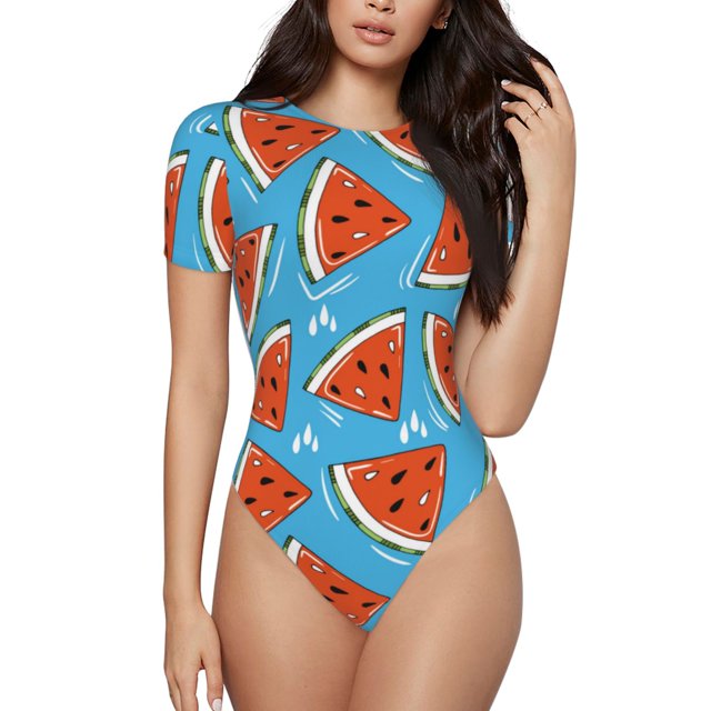 Balery Cartoon Watermelon Body de cuello redondo de manga corta para mujer Tops de manga corta Tops básicos-XX-Large