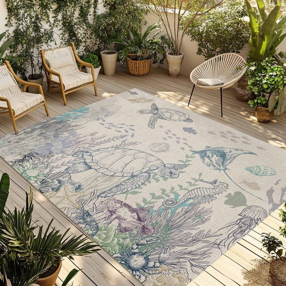 Turtle Coastal Outdoor Rug for Patio/Deck/Porch, Non-Slip Large Area Rug 4 x 6 Ft, Nautical Summer Beach Coral Jellyfish Rustic Indoor Outdoor Rugs Washable Area Rugs, Camping Rug Carpet Runner