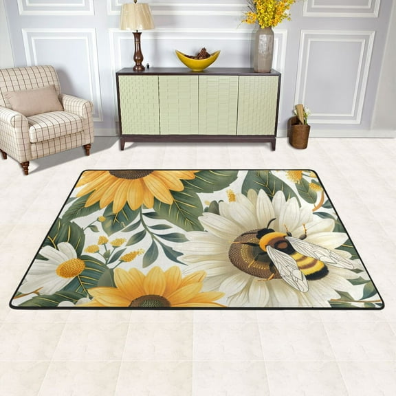 Bee Flowers Area Rug Washable 72 x 48 Floor Carpet Mat Non Slip for Bedroom Living Room Kids Room Home Decor