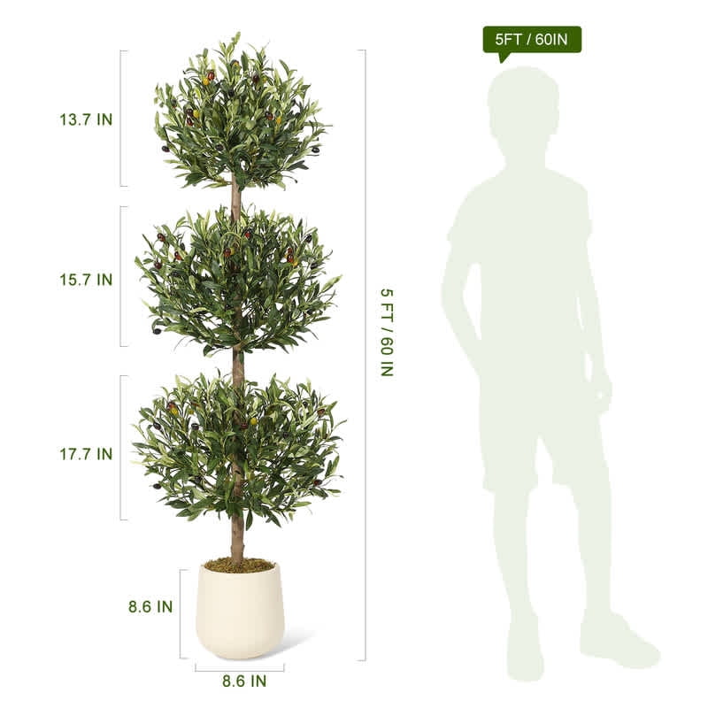 EastVita 59 Inch Artificial Ball Topiary Olive Tree, Fake Green Realistic Potted Olive Plant with Olives, Moss Decor Bag, White Pot, Indoor Outdoor Artificial Plants for Porch Living Room 1PCS