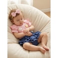 thumbnail image 4 of Loicainy Baby Toddler Girl Summer Outfit 3 6 9 12 18 Months Crochet Floral Short Sleeve Romper Faux Denim Ruffle Shorts Matching Bow Headband, 4 of 9