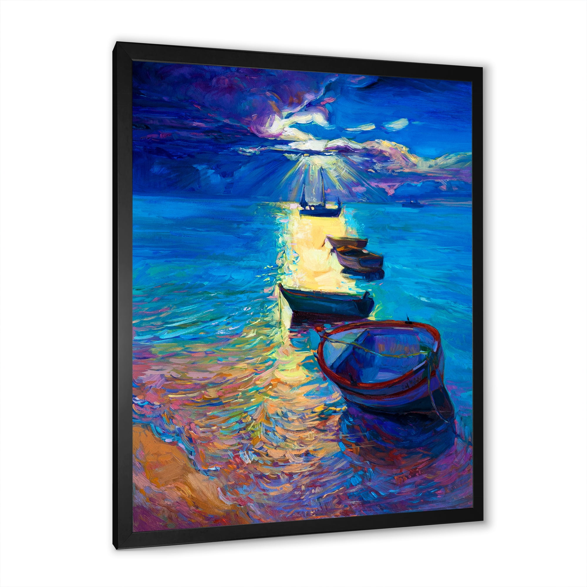 Designart 'Fishing Boats On The Water With Dark Blue Sky Illustration' Lake House Framed Art Print