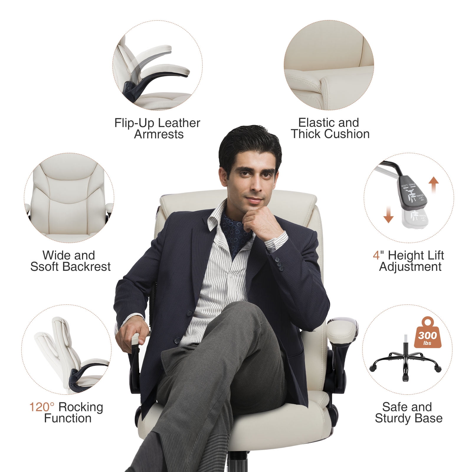Casabay Leather Home Office Chair, Ergonomic Computer Desk Chair with Wheels and Flip-up Armrest, 300 LBS Weight Capacity, White
