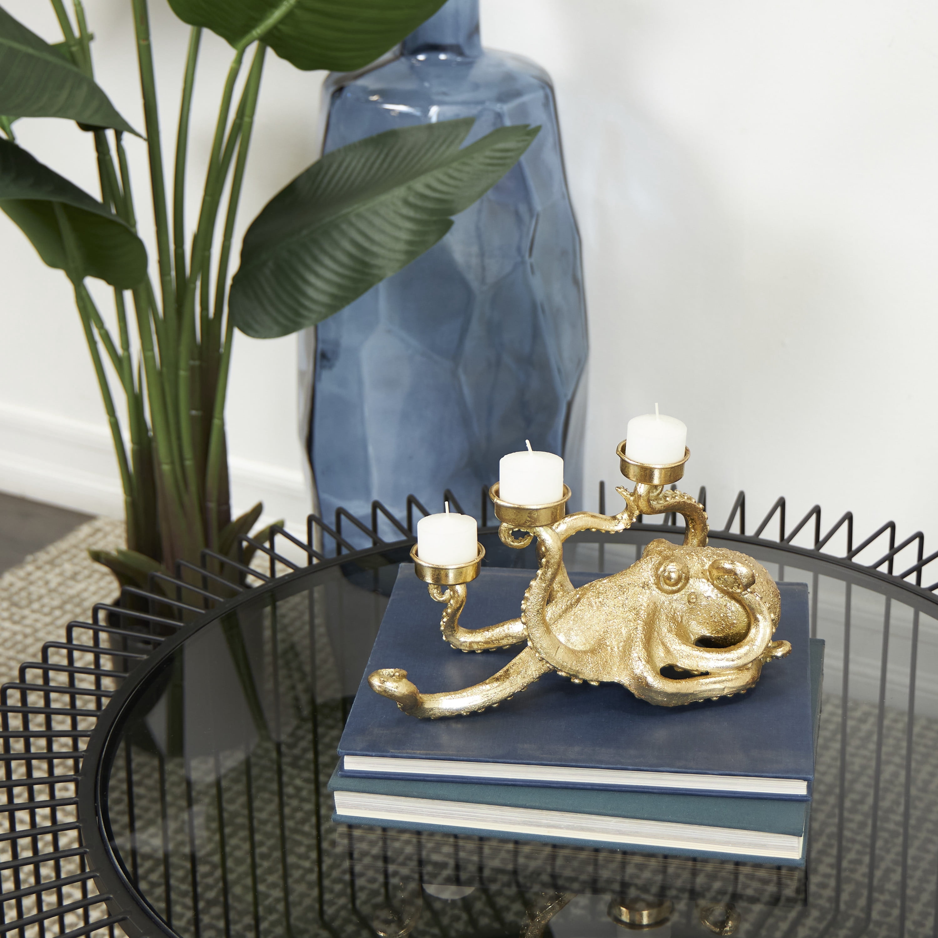 DecMode 3 Holder Gold Polystone Octopus Textured Candelabra with Tentacle Candle Slots