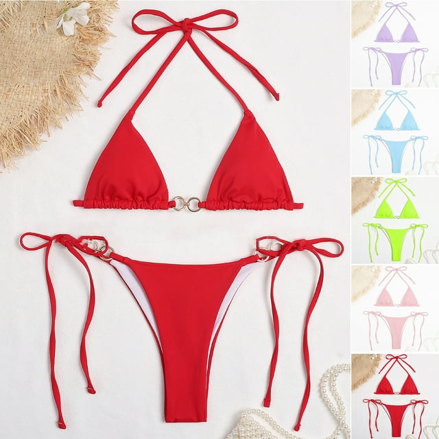 Neinkie Women Two Piece Heart Ring Linked Bikini Set Lace Up Tie Halter Swimsuit