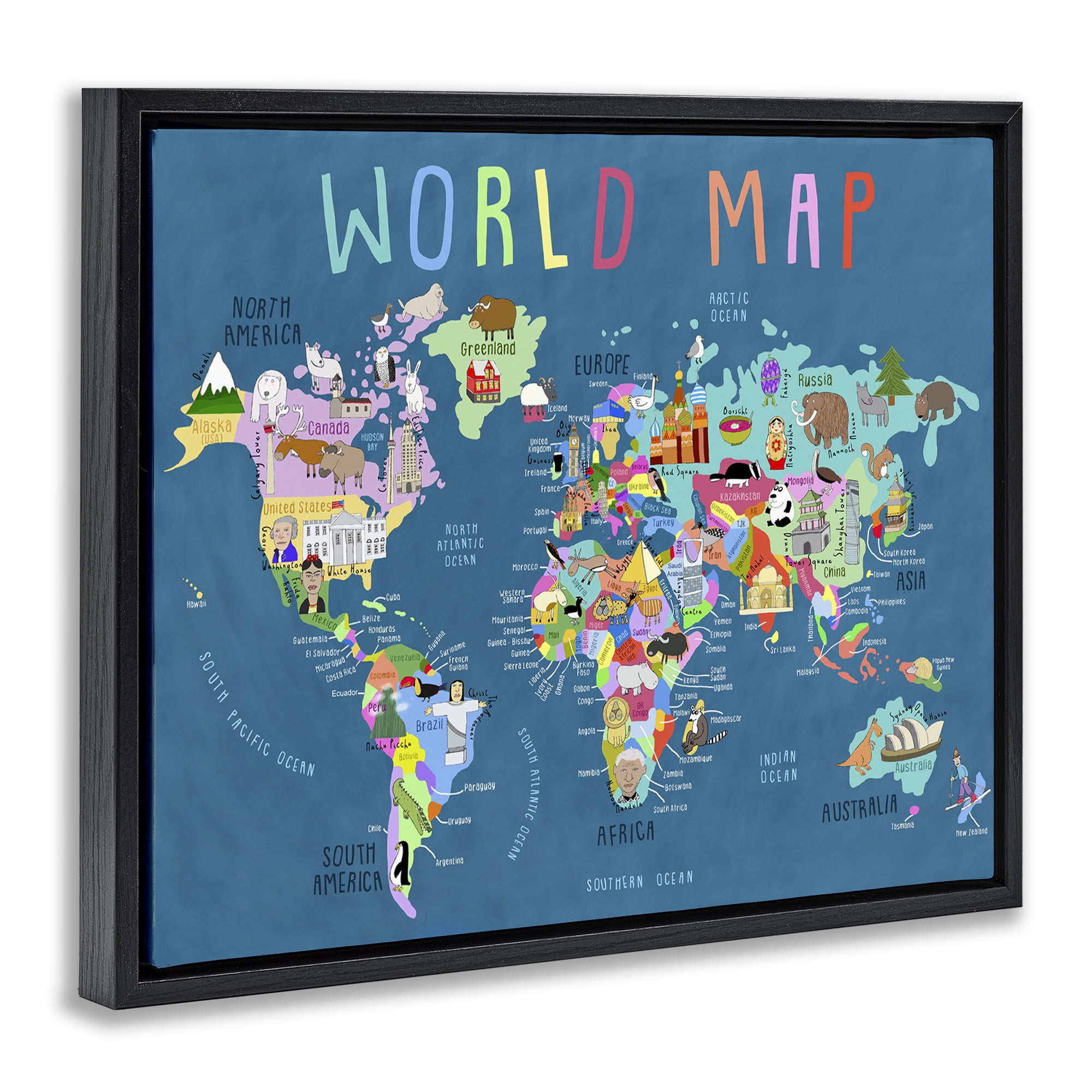 Stupell Industries World Map with Landmarks Education Painting Black Floater Framed Canvas Art Print Wall Art, 21 x 17