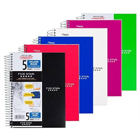 Five Star Spiral Notebook, College Ruled, 5 Subject, 6 x 9.5 Inches, 180 Sheets, Assorted Colors (06184)Pack Of 6
