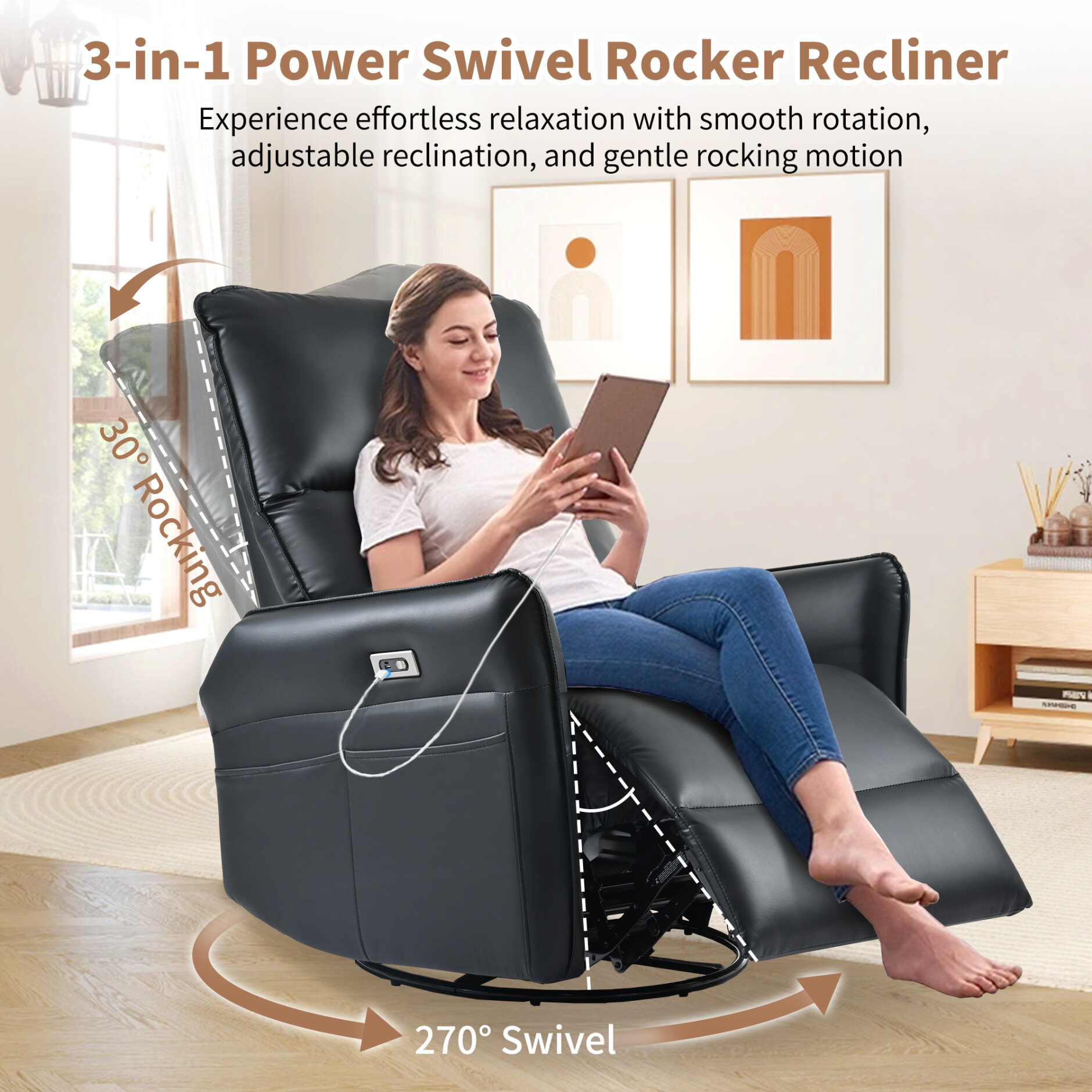 Power Swivel Rocker Recliner Chair for Adults, 270° Swivel Rocking Recliner Chair,Electric Small Recliners for Small Spaces, Single Sofa Recliner for Living Room, Bedroom,RV (Black+270°Swivel)