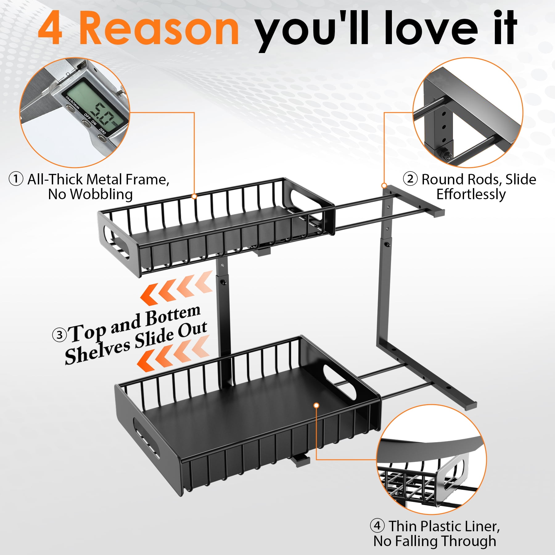 Under Sink Organizer, 2 Tier Slide Out Under Kitchen Sink Organizer and Storage, LASHOW’ Height Adjustable Pull Out Kitchen Bathroom Metal Sink Storage Shelves.