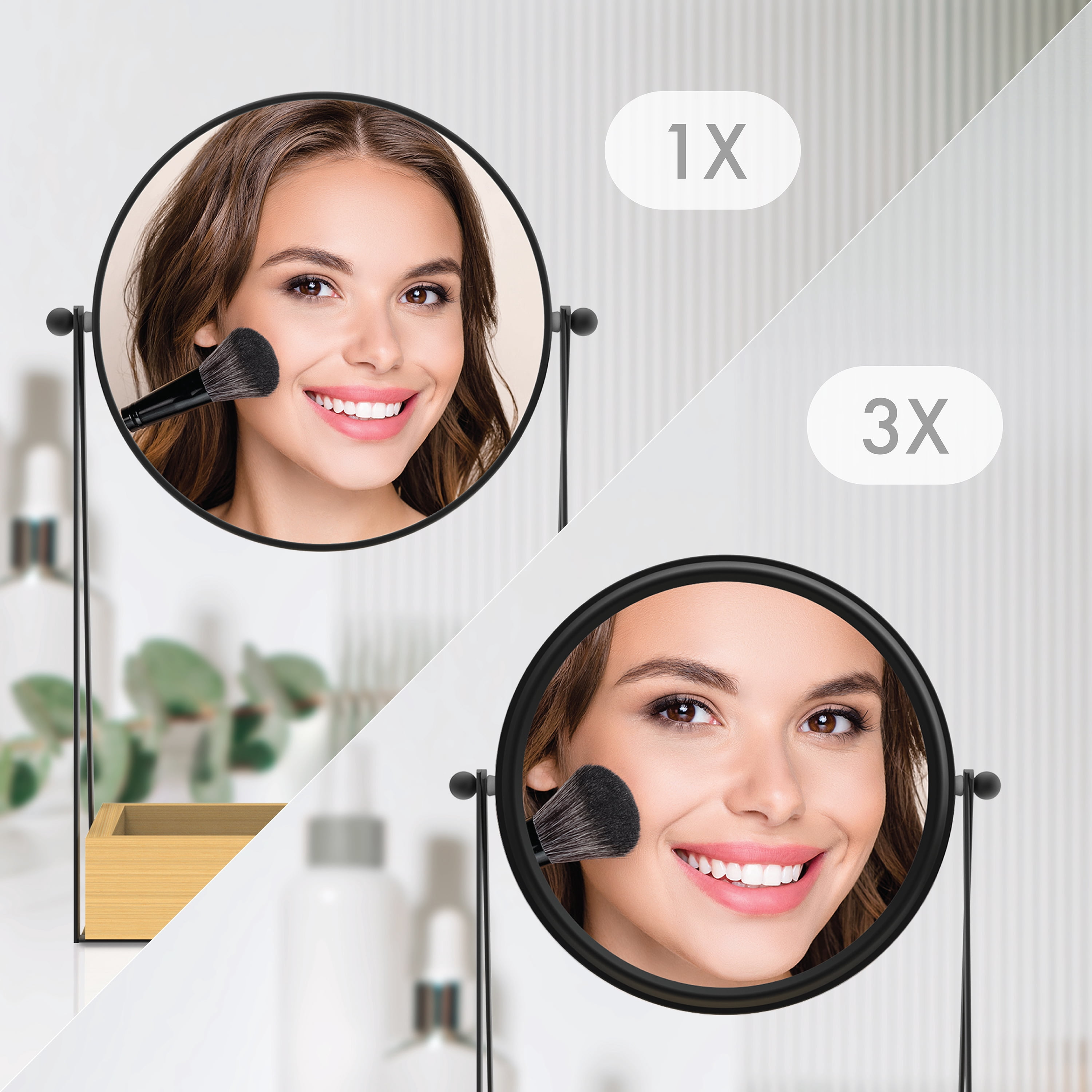 Better Homes & Gardens Vanity Mirror, 6.5in. Desk Mirror with 1X/3X Magnification and Bamboo Storage Tray