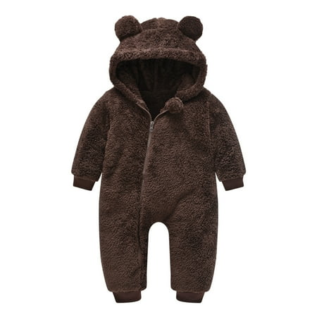

Infant Baby Boys and Girls Autumn and Winter One-piece Clothes Cartoon Bear Hooded Crawling Clothes Plush Jumpsuit Warm Clothes with Zipper