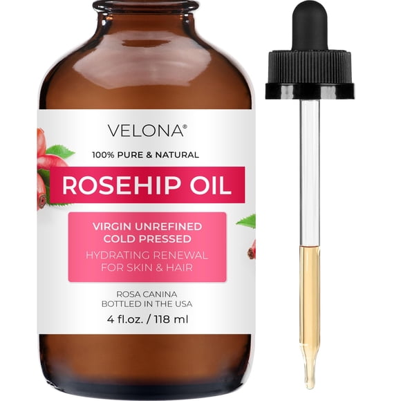 aceite de rosa mosqueta velona - 4 fl oz | Aceite portador puro y natural | Sin refinar, prensado en frío, sin hexano | Hidratante Rostro Cabello Cuerpo Cuidado De La Piel Estrías Cicatrices