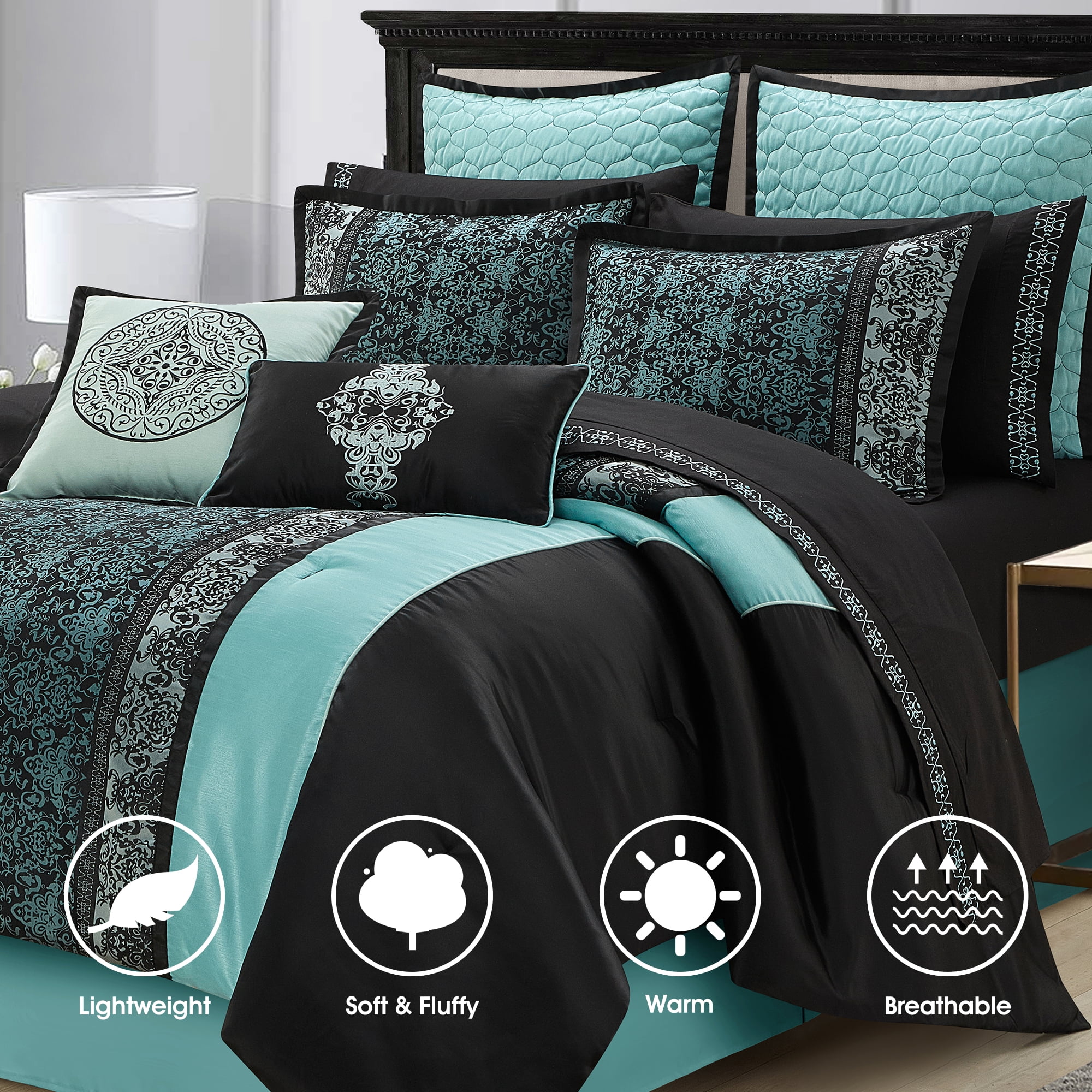 Lanco Black & Teal Comforter Set California King Size, Classic Jacquard Bedding Sets, Faux Silk, Premium Microfiber, 12 Pieces Bed in a Bag, Matching Fitted Sheet, Flat Sheet