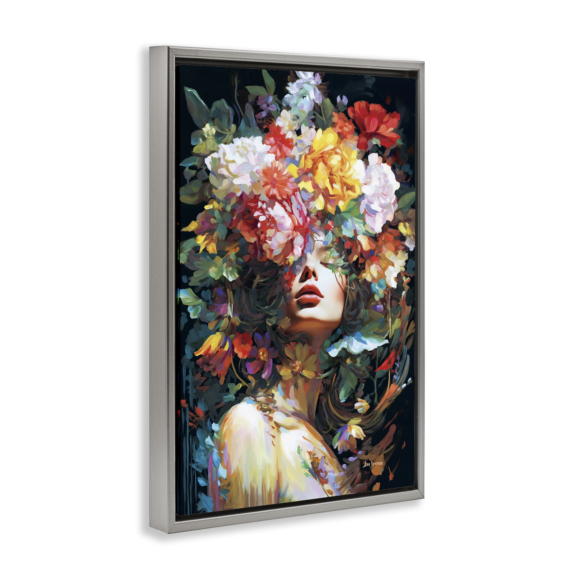 Stupell Industries Rose Bedecked Woman Plants & Flowers Painting Gray Floater Framed Canvas Art Print Wall Art, 17 x 25