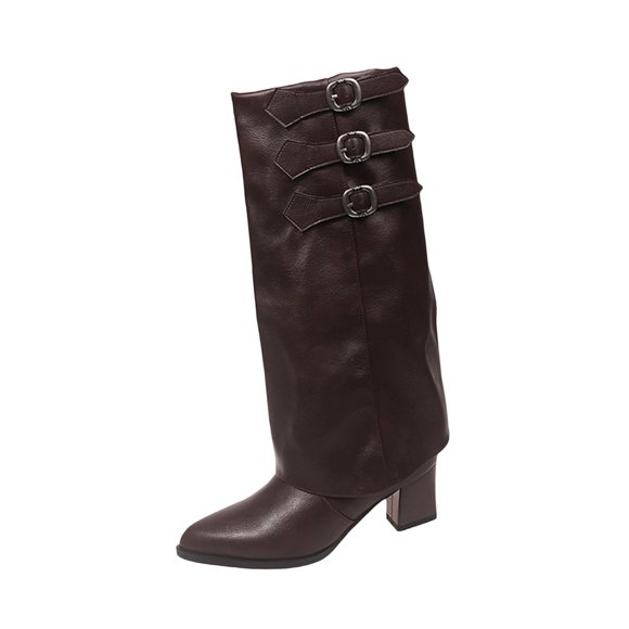 Brown Boots For Ladies With Metal Buckle Detail Knee High Boots Comfortable Cool Fall Winter Style For Casual Outdoor Wear And Activities Size 37