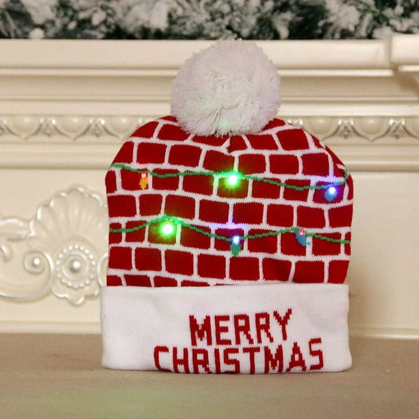 Gorros tejidos de poliéster con decoración navideña, gorro navideño con pompón y luz Led, gorro de invierno con luz luminosa para Navidad