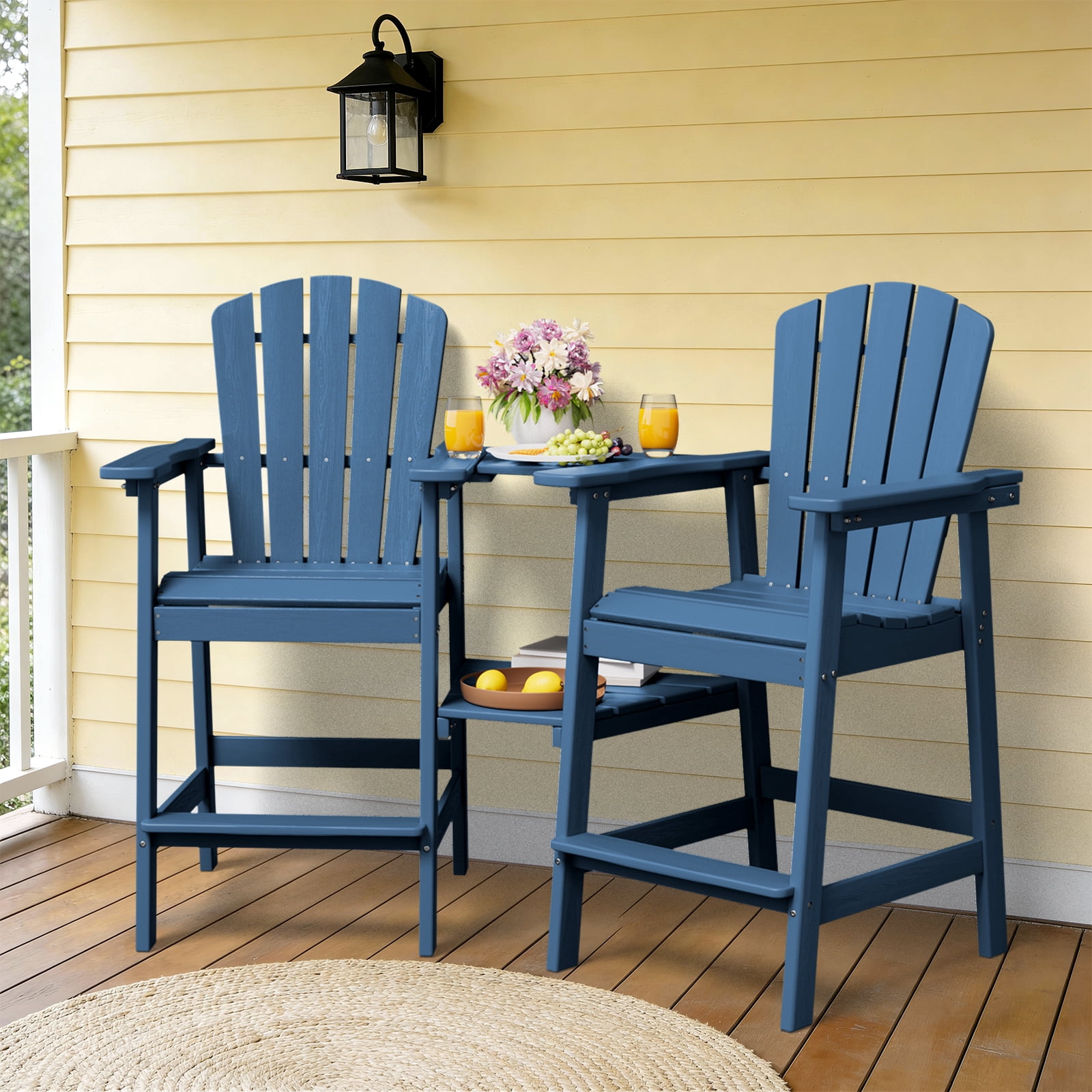 LOYALICE Tall Plastic Adirondack Chair Set of 2 W/ Outdoor Barstools and Connecting Tray, Navy Blue