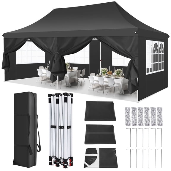 SANOPY 10' x 20' EZ Pop up Canopy Party Tent, Outdoor Event Instant Gazebo with 6 Removable Sidewalls for Camping Wedding Picnic, Black