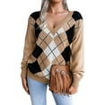 thumbnail image 2 of Seyurigaoka Women's Juniors V Neck Long Sleeve Argyle Print Loose Knitted Sweaters, 2 of 4