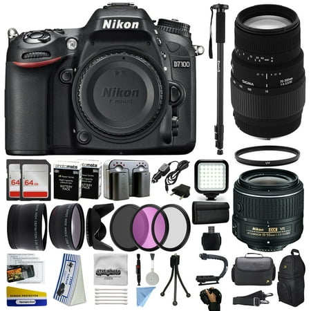 Nikon D7100 DSLR Digital Camera with 18-55mm VR II + Sigma 70-300mm Lens + 128GB Memory + 2 Batteries + Charger + LED Video Light + Backpack + Case + Filters + Auxiliary Lenses + More!